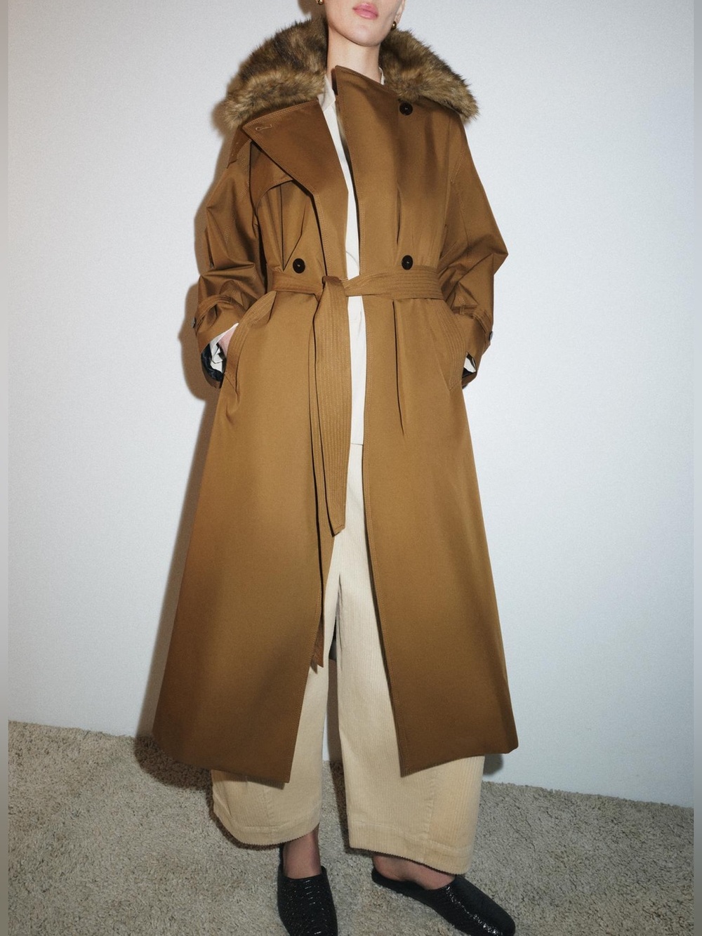 Zara Tan Brown Women's Coat with Fur Trim